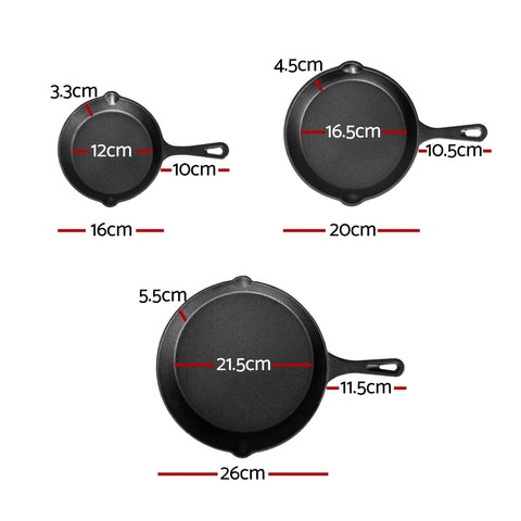 5-star Chef Cast Iron Frying Pan Set 3pcs, PFOA-Free, Non-Stick, Black - SuperSaverAU - view 2