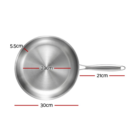 5-Star Chef 30cm Uncoated Tri-Ply Stainless Steel Frying Pan - Silver