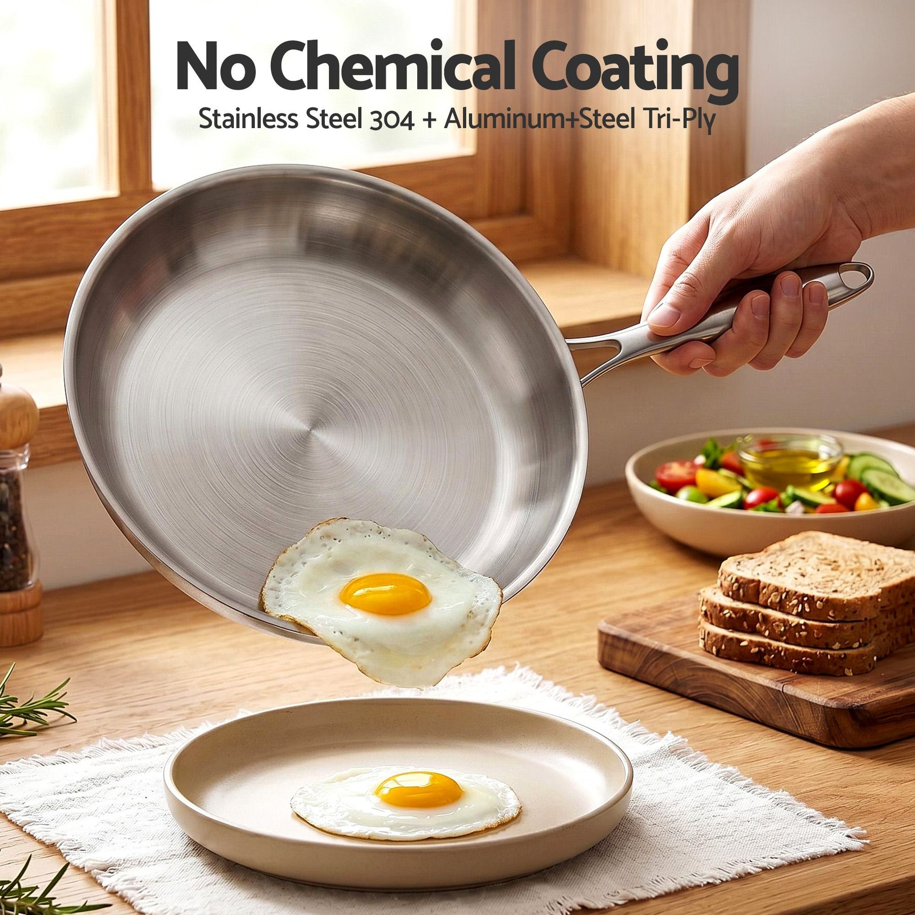 5-Star Chef 30cm Uncoated Tri-Ply Stainless Steel Frying Pan - Silver