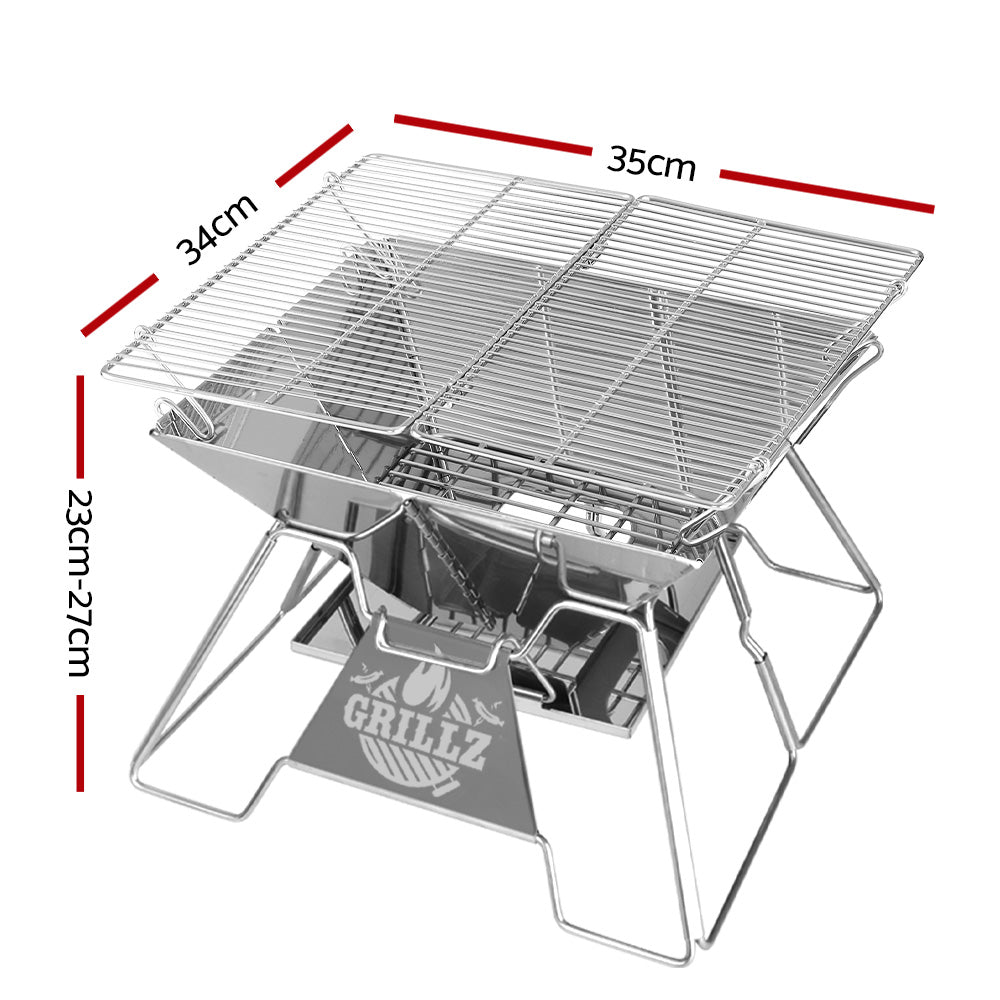 Grillz 2-in-1 Portable Fire Pit BBQ 34cm x 35cm with Carry Bag, Stainless Steel - SuperSaverAU - view 2
