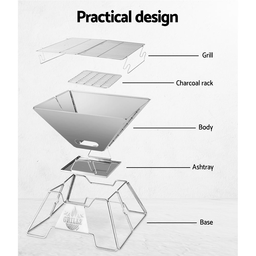 Grillz 2-in-1 Portable Fire Pit BBQ 34cm x 35cm with Carry Bag, Stainless Steel - SuperSaverAU - view 4