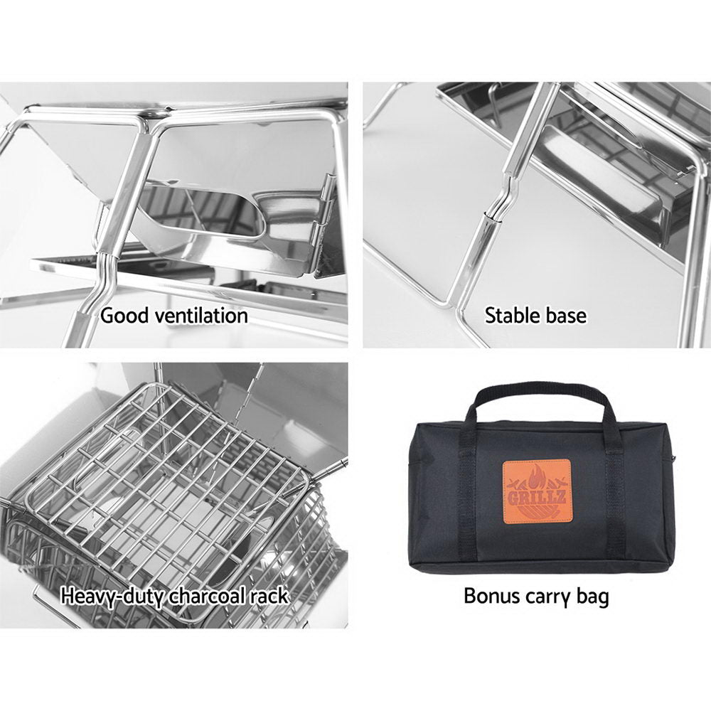 Grillz 2-in-1 Portable Fire Pit BBQ 34cm x 35cm with Carry Bag, Stainless Steel