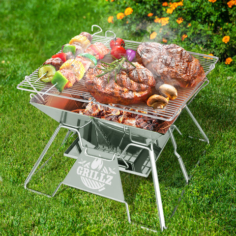 Grillz 2-in-1 Portable Fire Pit BBQ 34cm x 35cm with Carry Bag, Stainless Steel - SuperSaverAU - view 1