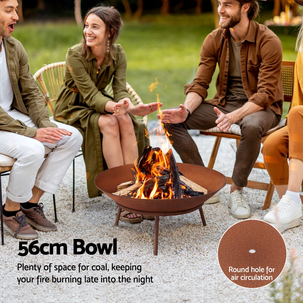 Grillz 56cm Iron Fire Pit Rustic Bowl with Poker - Rust