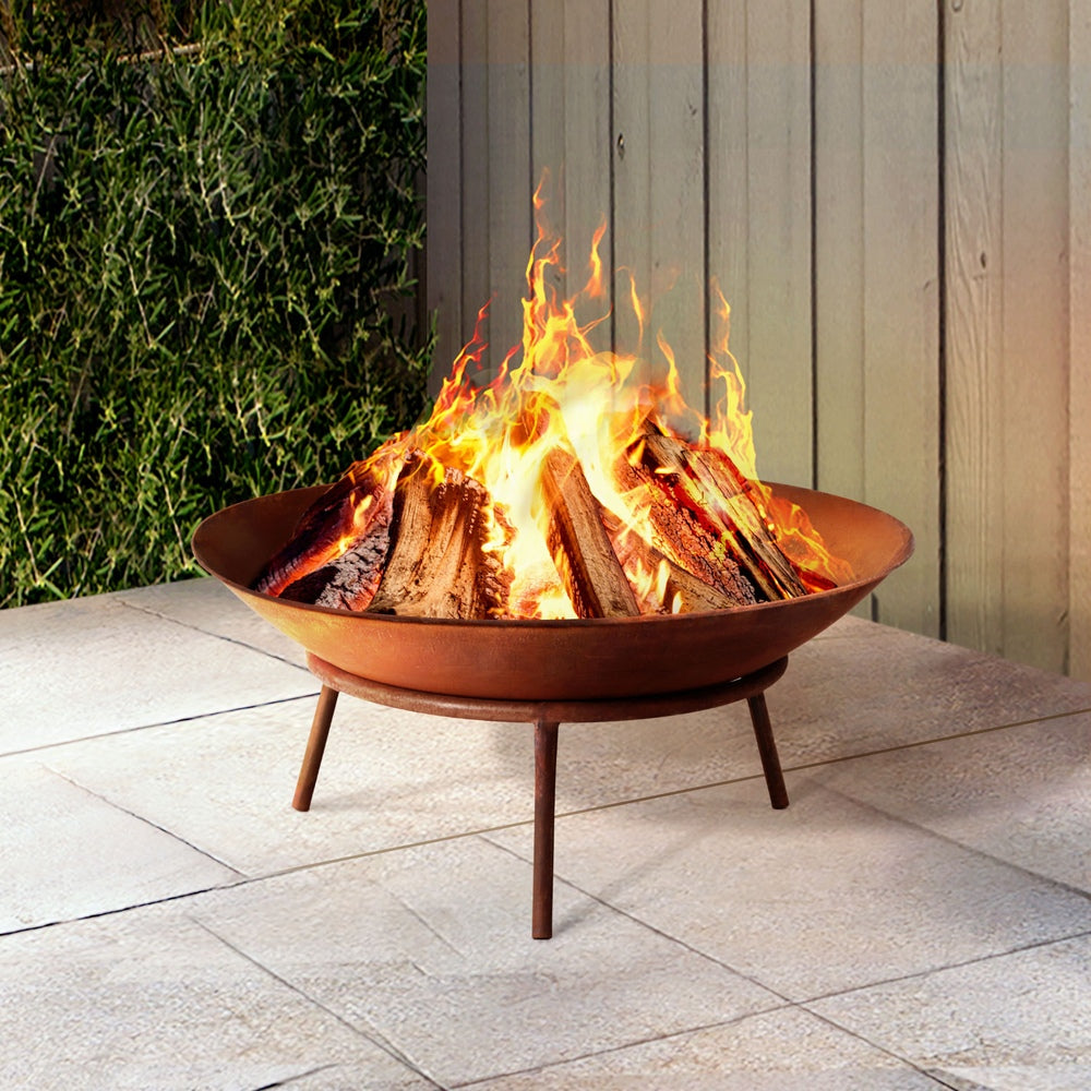 Grillz 56cm Iron Fire Pit Rustic Bowl with Poker - Rust