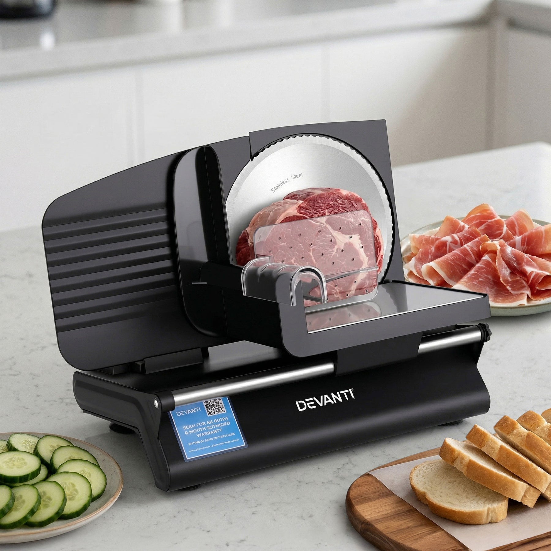 Devanti Meat Slicer Bread Vegetable, 200W Power 0-15mm Adjustable Easy Clean Stable Stainless Steel Blade Food Slicer for Kitchen Commercial, Black - SuperSaverAU - view 9
