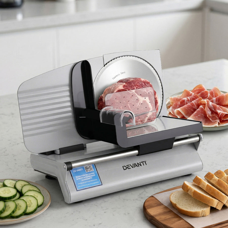 Devanti Meat Slicer Bread Vegetable, 200W Power 0-15mm Adjustable Easy Clean Stable Stainless Steel Blade Food Slicer for Kitchen Commercial, Silver - SuperSaverAU - view 1