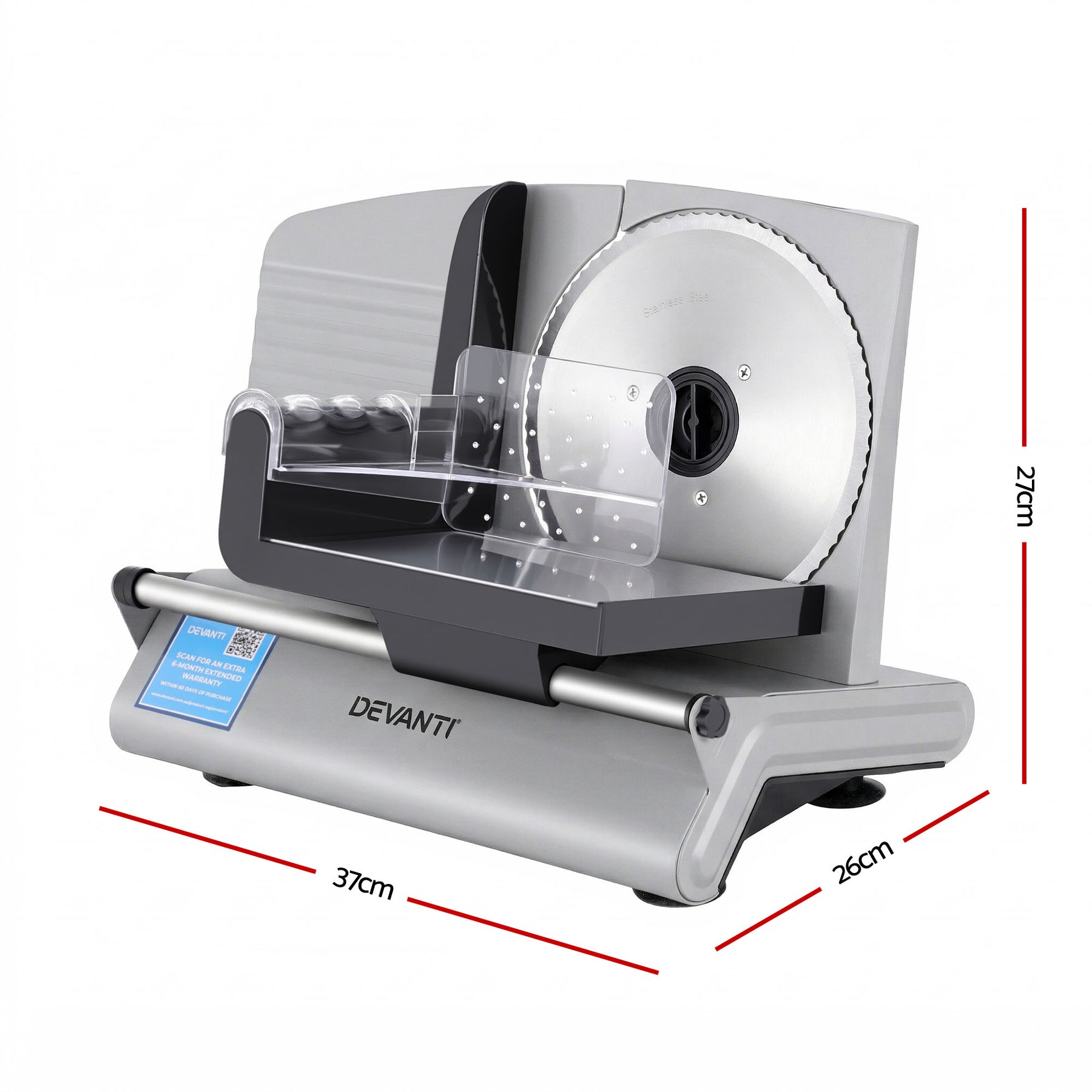 Devanti Meat Slicer Bread Vegetable, 200W Power 0-15mm Adjustable Easy Clean Stable Stainless Steel Blade Food Slicer for Kitchen Commercial, Silver - SuperSaverAU - view 2