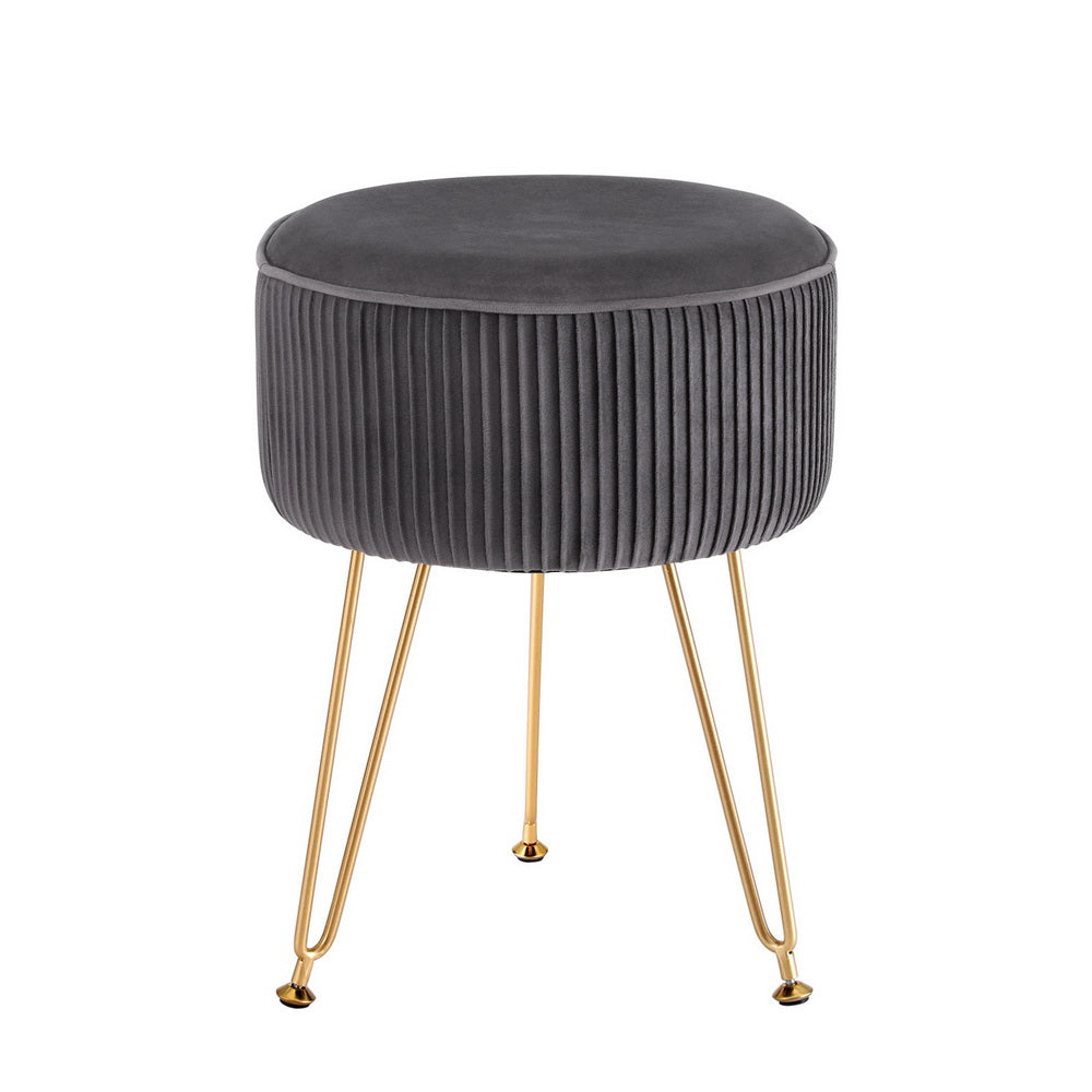 Artiss Round Velvet Foot Stool - Grey, MDF Frame, Metal Legs