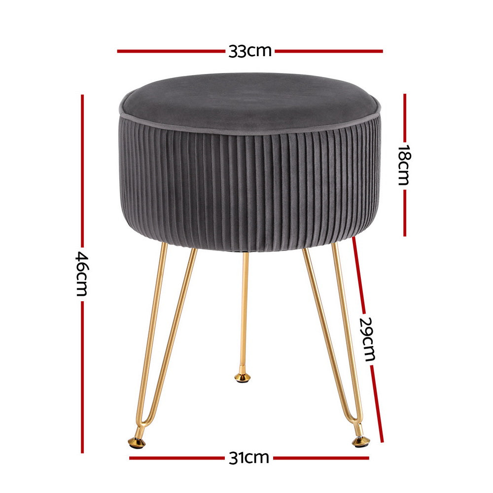 Artiss Round Velvet Foot Stool - Grey, MDF Frame, Metal Legs