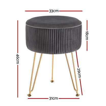 Artiss Round Velvet Foot Stool - Grey, MDF Frame, Metal Legs