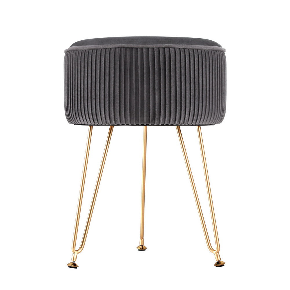 Artiss Round Velvet Foot Stool - Grey, MDF Frame, Metal Legs
