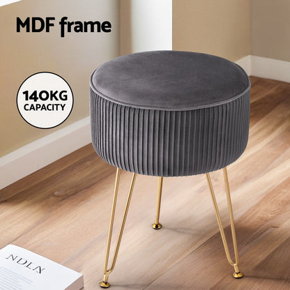 Artiss Round Velvet Foot Stool - Grey, MDF Frame, Metal Legs