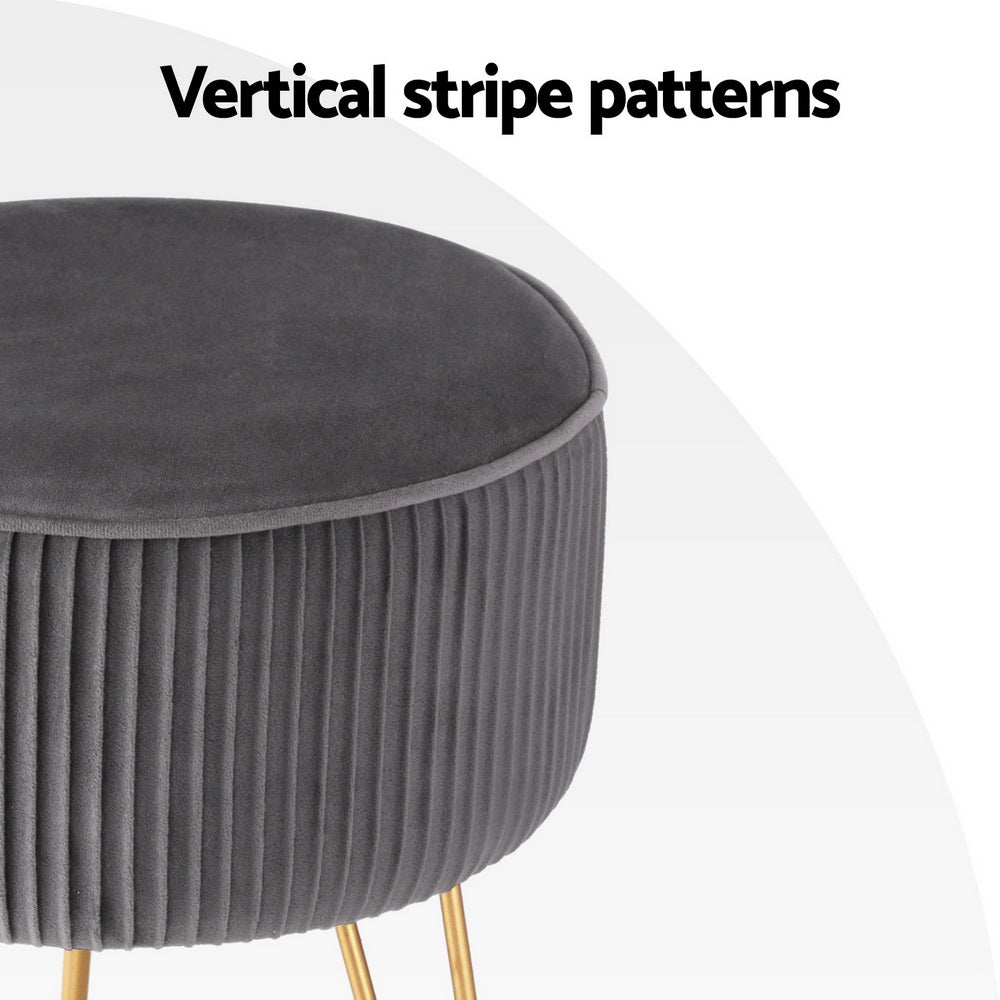 Artiss Round Velvet Foot Stool - Grey, MDF Frame, Metal Legs