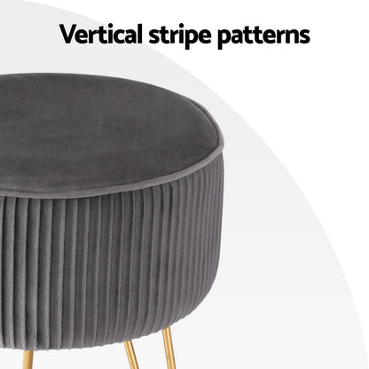 Artiss Round Velvet Foot Stool - Grey, MDF Frame, Metal Legs