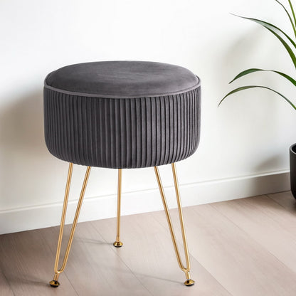 Artiss Round Velvet Foot Stool - Grey, MDF Frame, Metal Legs