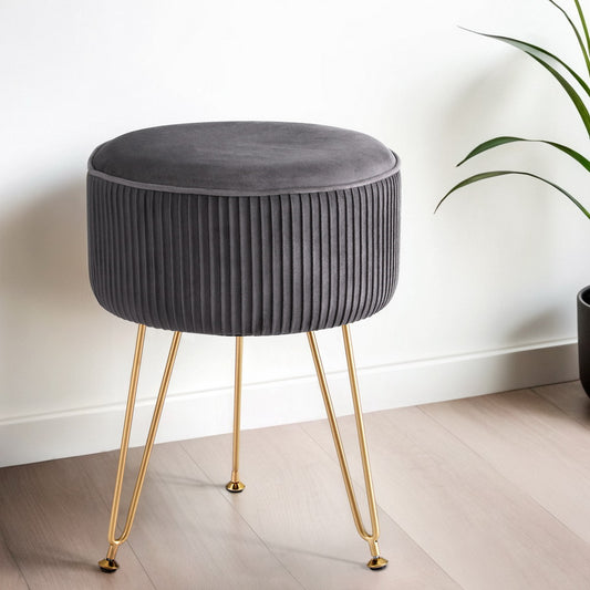 Artiss Round Velvet Foot Stool - Grey, MDF Frame, Metal Legs