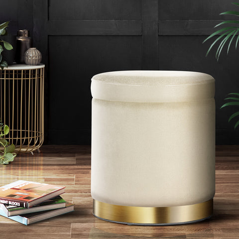 Artiss Velvet Ottoman Storage Footstool - Cream, Elegant Design - SuperSaverAU - view 1