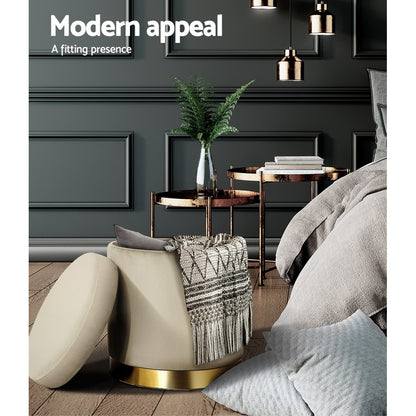 Artiss Velvet Ottoman Storage Footstool - Cream, Elegant Design