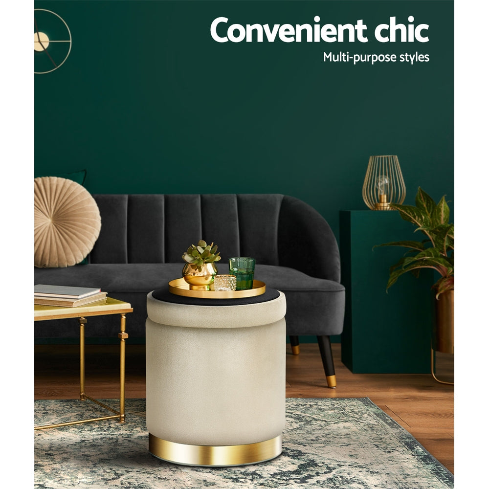 Artiss Velvet Ottoman Storage Footstool - Cream, Elegant Design - SuperSaverAU - view 6
