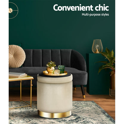 Artiss Velvet Ottoman Storage Footstool - Cream, Elegant Design