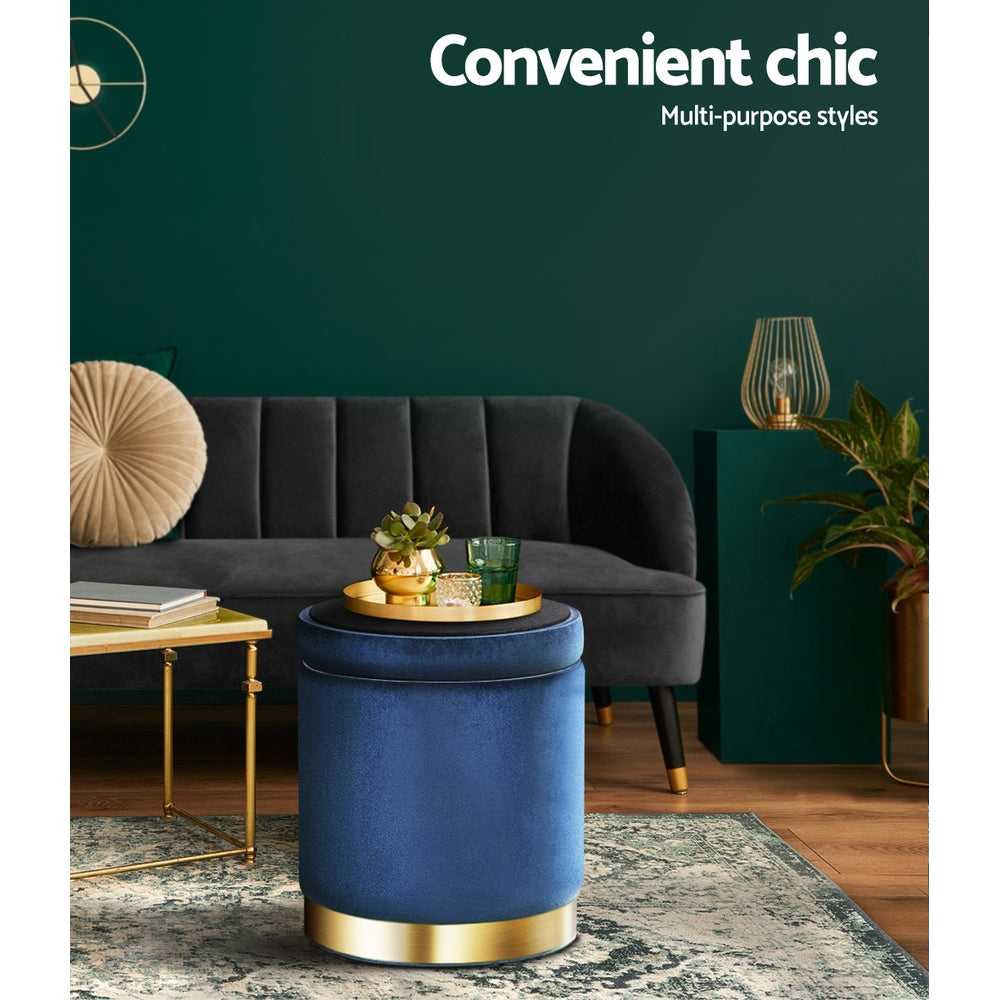 Artiss Velvet Ottoman Storage Footstool - Navy, Multifunctional Design