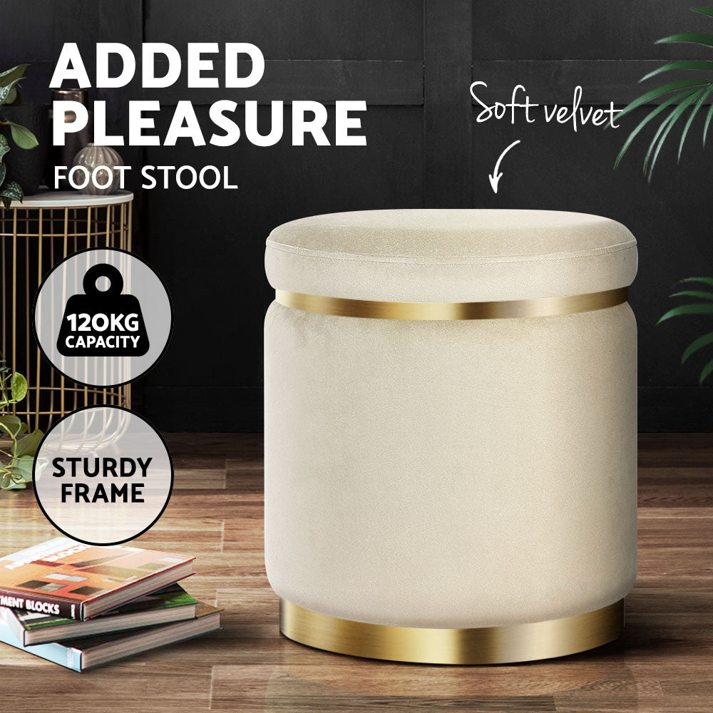 Artiss Round Velvet Foot Stool - Cream