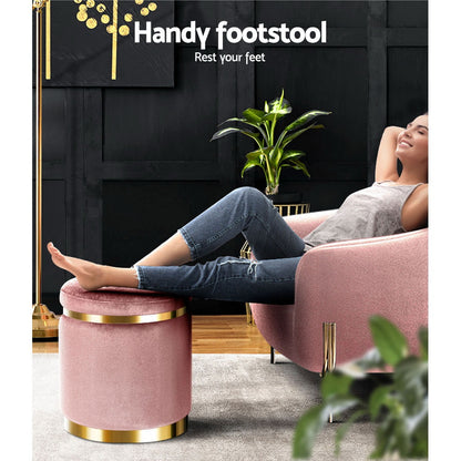 Artiss Round Velvet Foot Stool - Pink