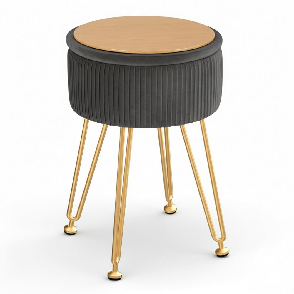 Artiss Round Velvet Footstool with Storage - Grey