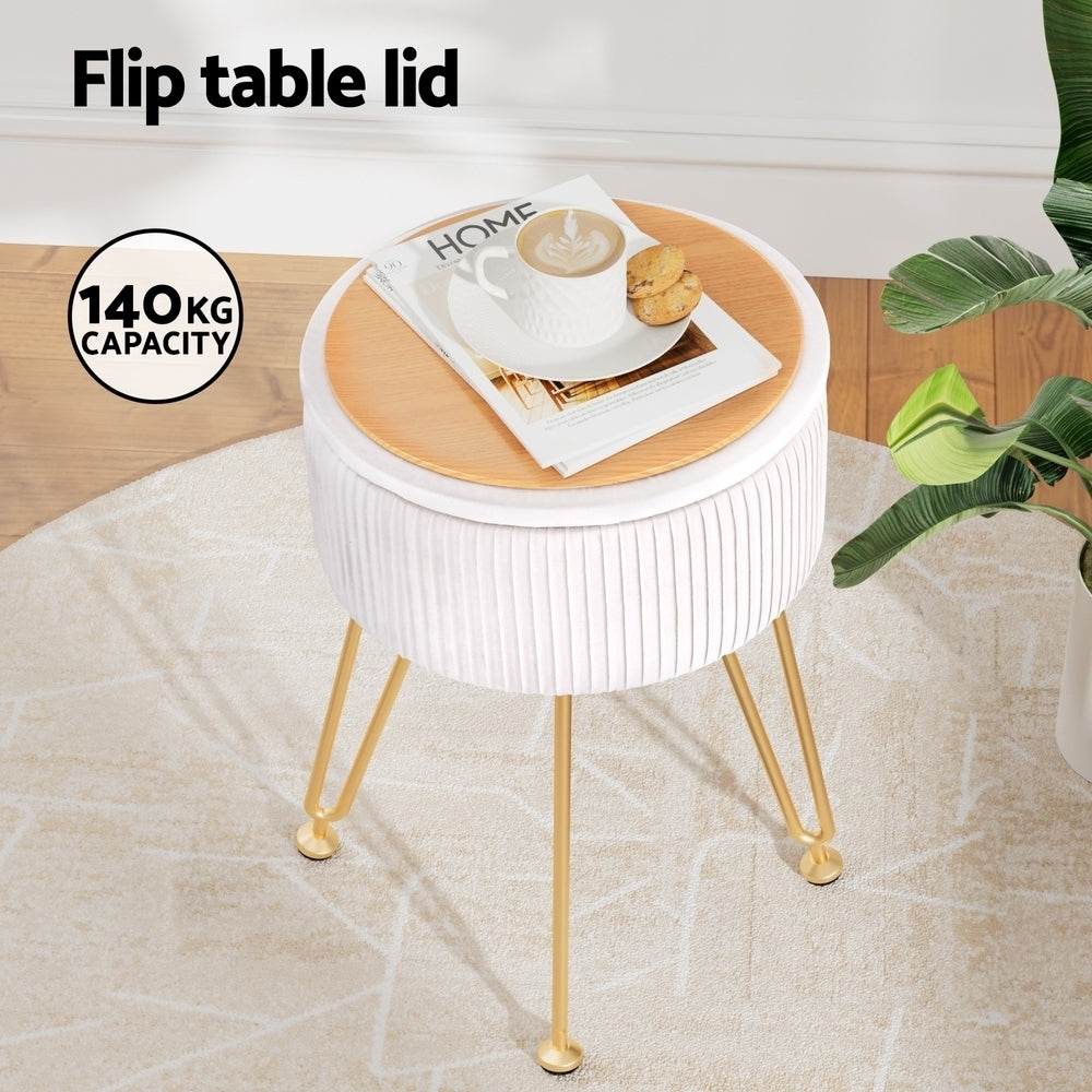 Artiss Round Velvet Storage Foot Stool - White, MDF Frame, Adjustable Legs - SuperSaverAU - view 4
