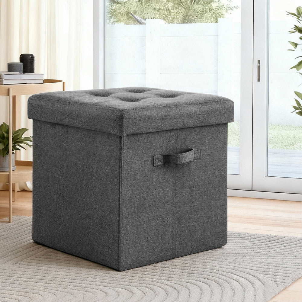 Artiss Footstool 40cm x 40cm x 40cm - Grey Faux Linen with Hidden Storage - SuperSaverAU - view 1