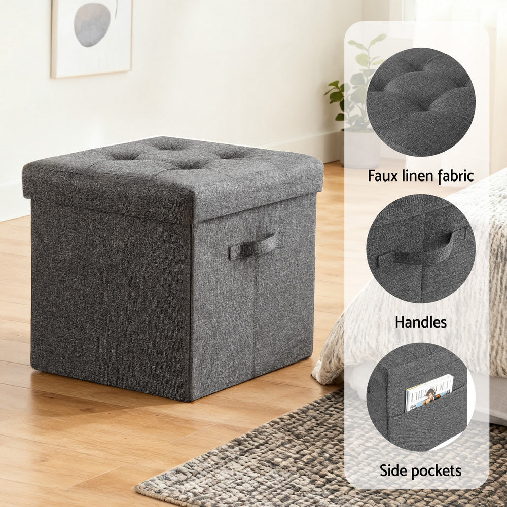 Artiss Footstool 40cm x 40cm x 40cm - Grey Faux Linen with Hidden Storage - SuperSaverAU - view 6