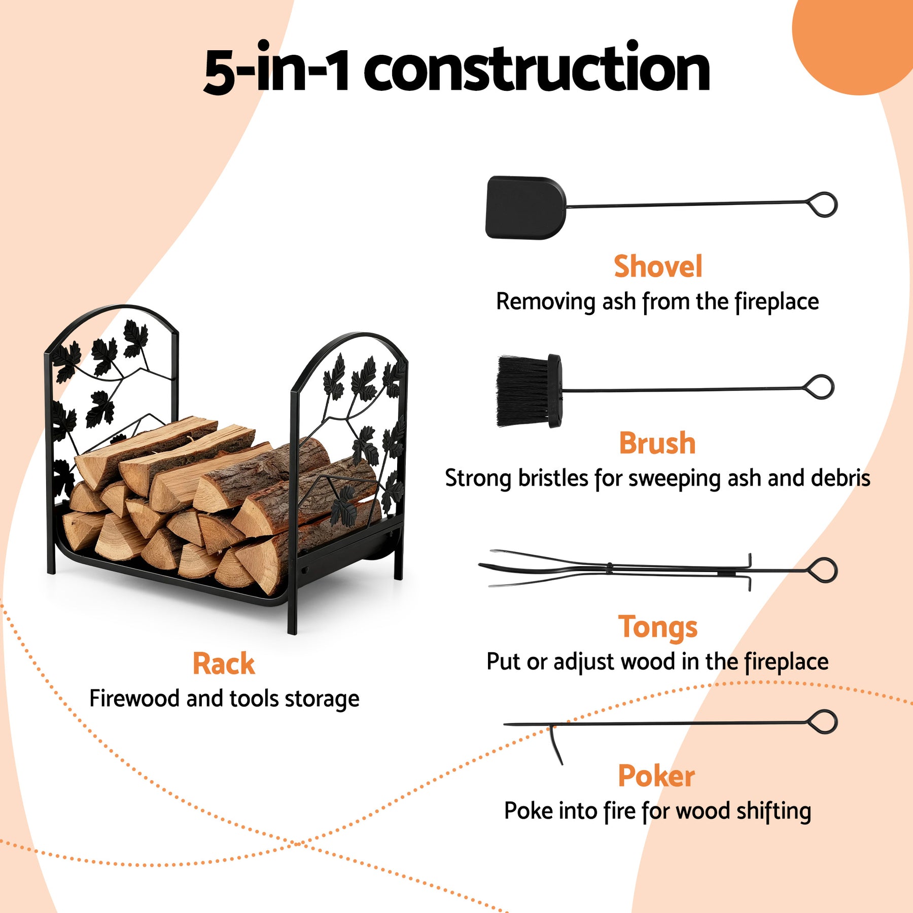 Gardeon Firewood Rack 48cm Heavy-Duty Outdoor Storage with Tools, Black - SuperSaverAU - view 4