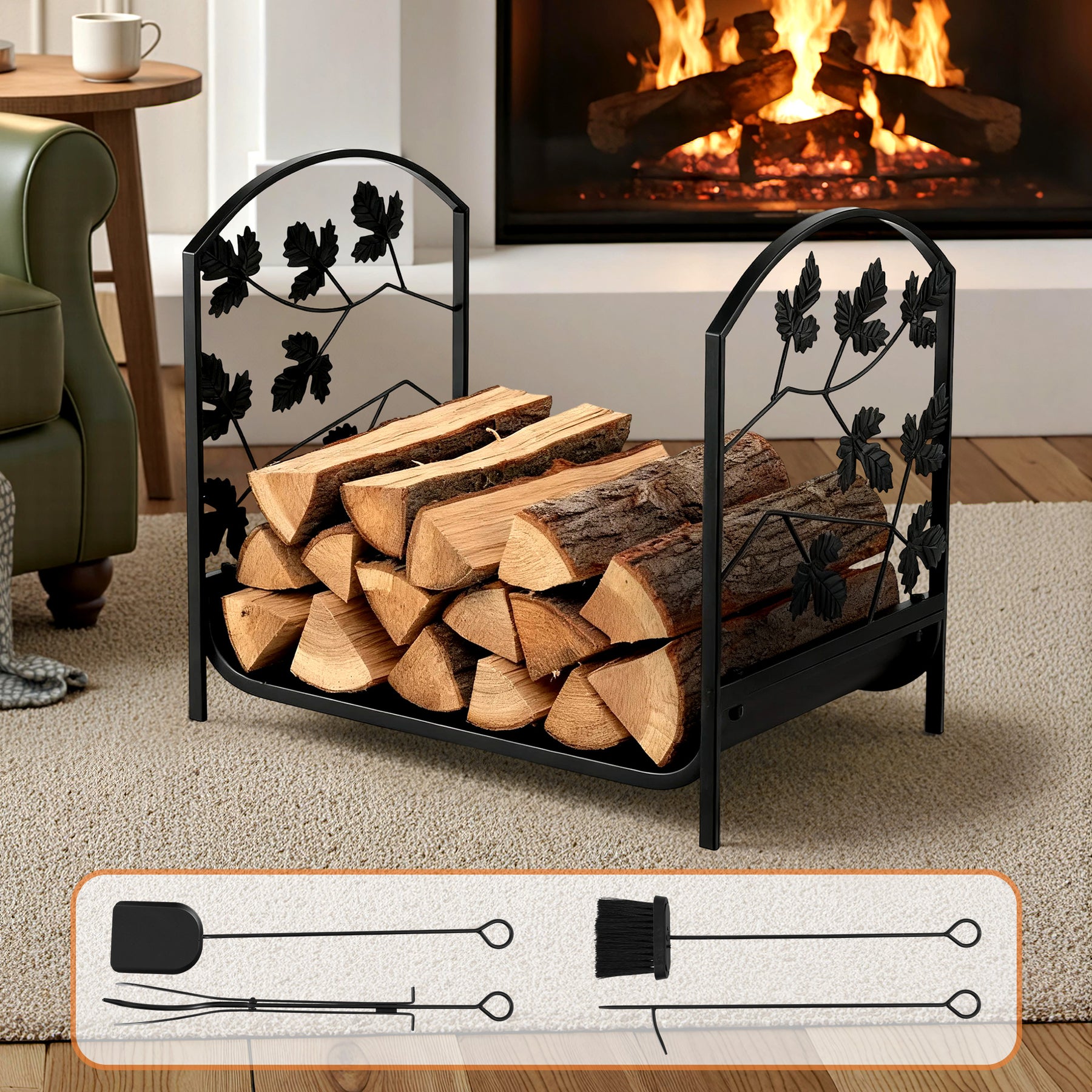 Gardeon Firewood Rack 48cm Heavy-Duty Outdoor Storage with Tools, Black - SuperSaverAU - view 7