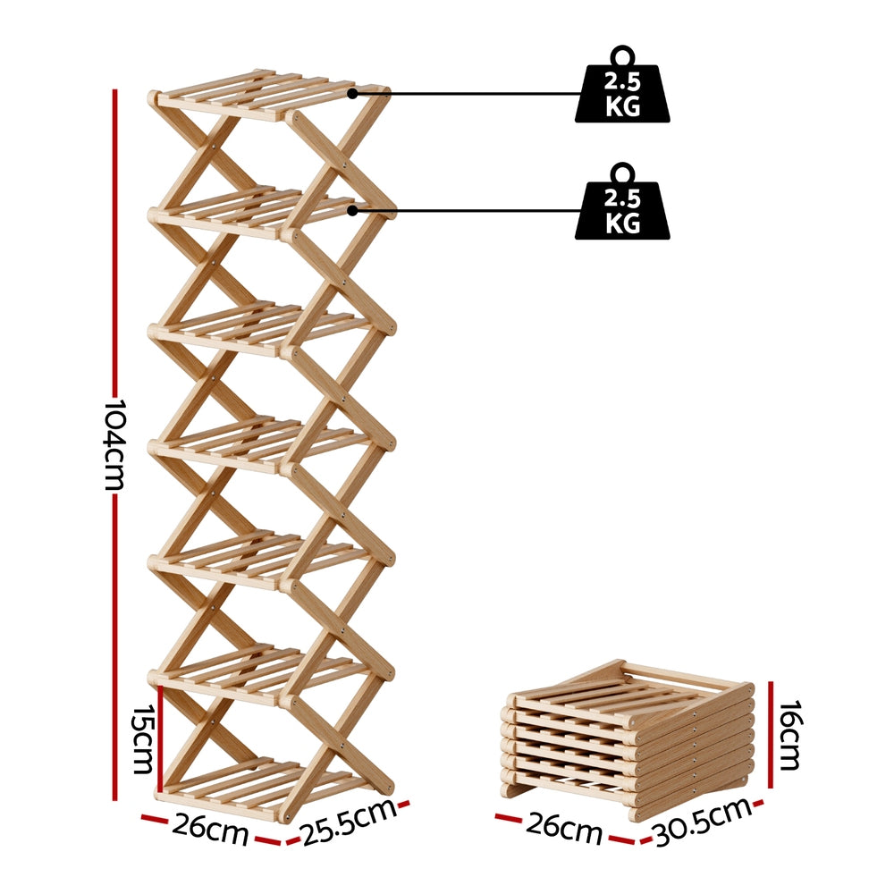 Artiss 7 Tier Bamboo Foldable Shoe Rack Entryway Organiser Pine Finish