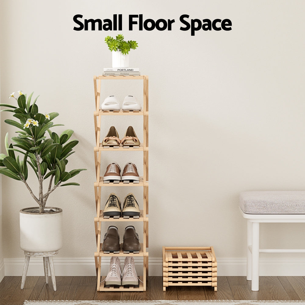 Artiss 7 Tier Bamboo Foldable Shoe Rack Entryway Organiser Pine Finish