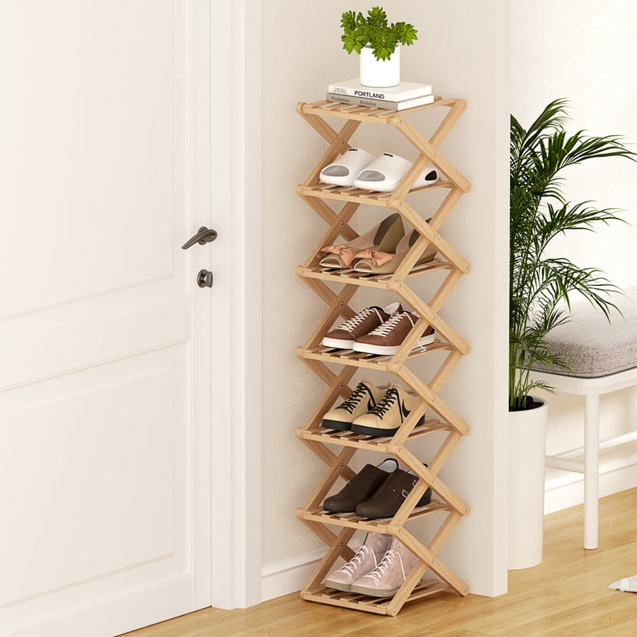 Artiss 7 Tier Bamboo Foldable Shoe Rack Entryway Organiser Pine Finish