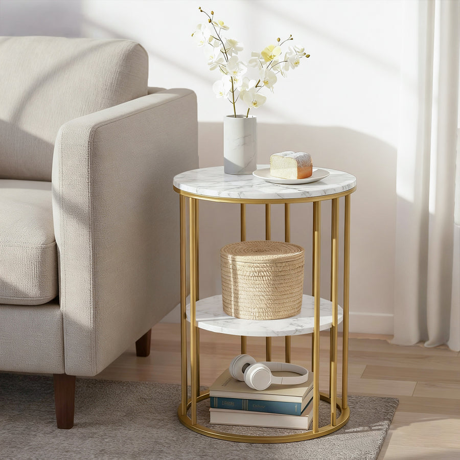 Artiss Coffee Table 2-Tier Marble Finish White & Gold 40cm x 40cm x 54cm - SuperSaverAU - view 1