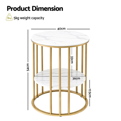 Artiss Coffee Table 2-Tier Marble Finish White & Gold 40cm x 40cm x 54cm