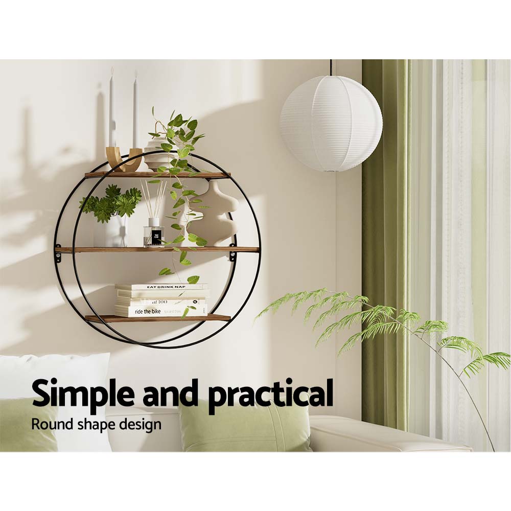 Artiss Floating Wall Shelf 3-Tier Round 50cm x 19cm x 50cm, Solid Wood, Easy Install - SuperSaverAU - view 5