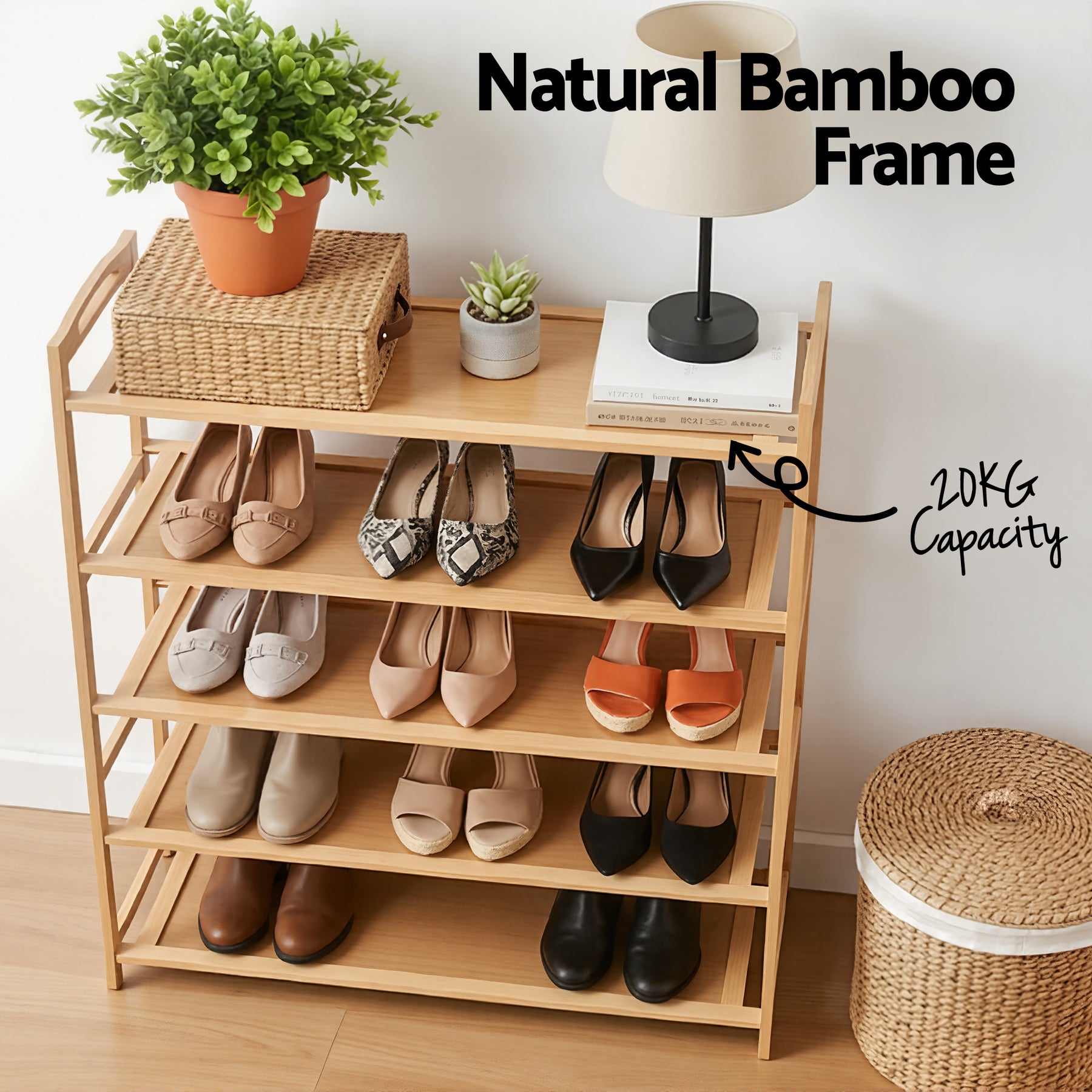 Artiss 5 Tier Bamboo Shoe Rack Pine Storage Organiser for Entryway Closet