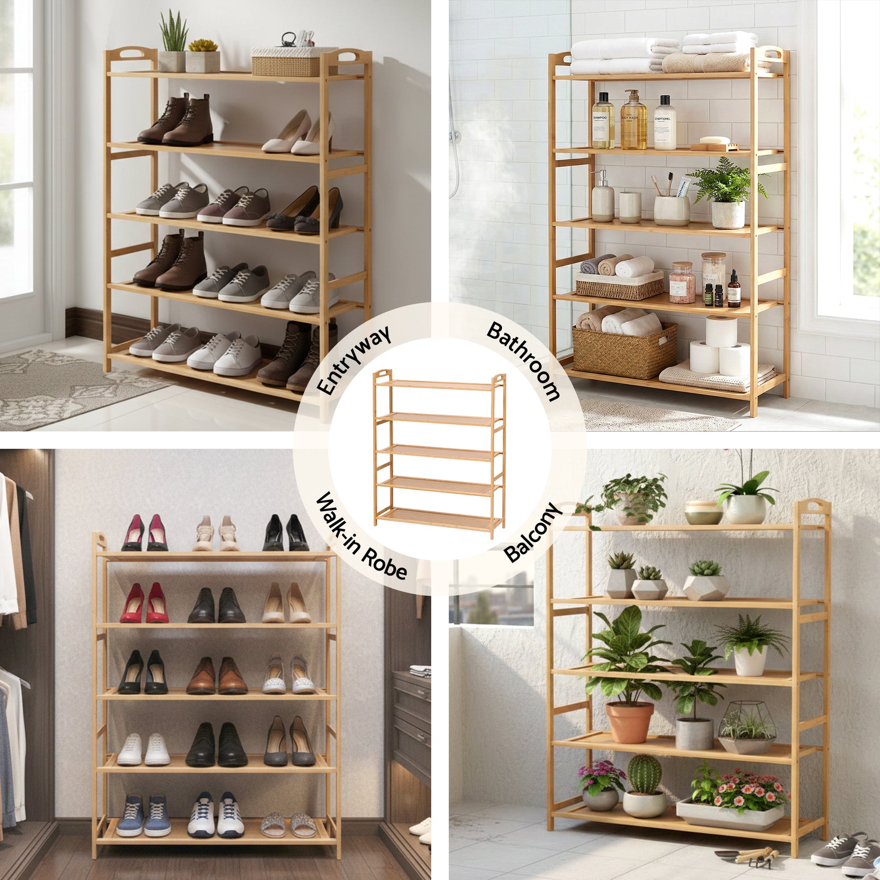 Artiss 5 Tier Bamboo Shoe Rack Pine Storage Organiser for Entryway Closet