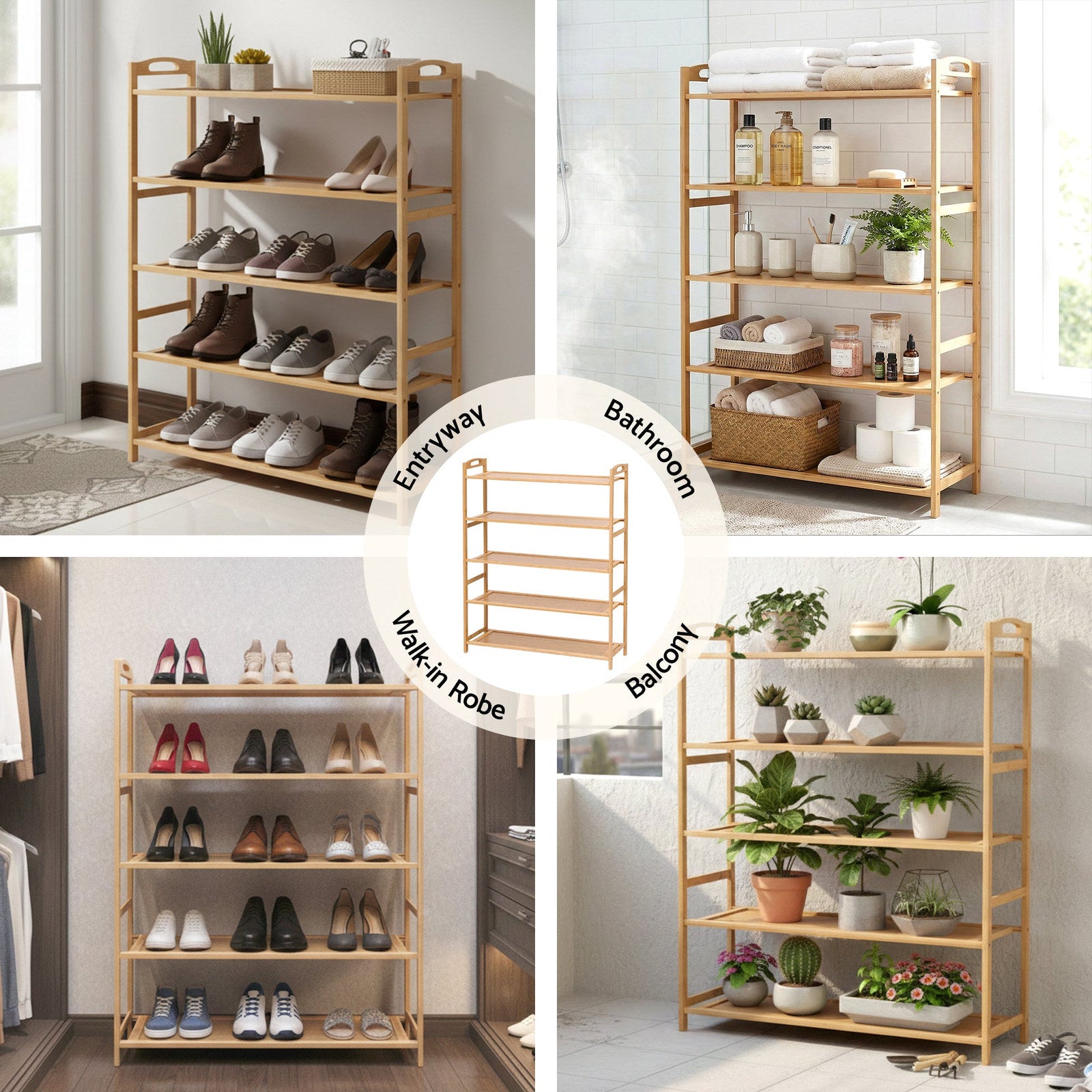 Artiss 5 Tier Bamboo Shoe Rack Pine Storage Organiser for Entryway Closet