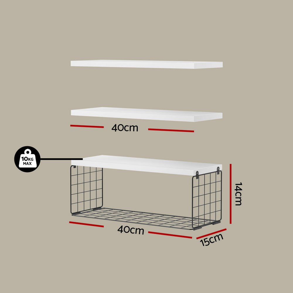 Artiss Set of 3 Floating Wall Shelves, White, Paulownia Wood, Space-Saving