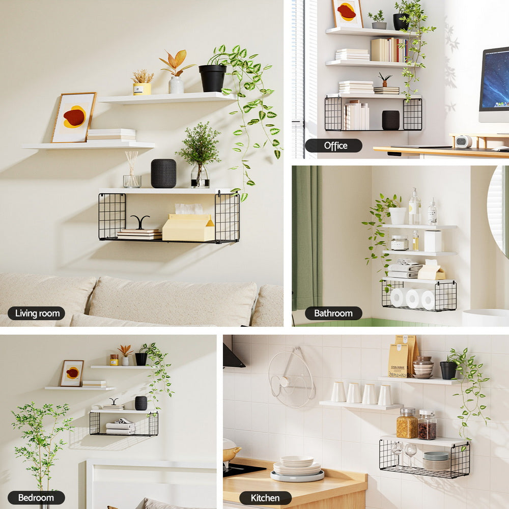 Artiss Set of 3 Floating Wall Shelves, White, Paulownia Wood, Space-Saving - SuperSaverAU - view 4