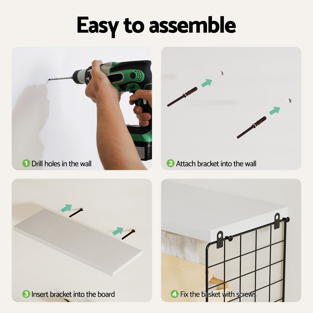 Artiss Set of 3 Floating Wall Shelves, White, Paulownia Wood, Space-Saving