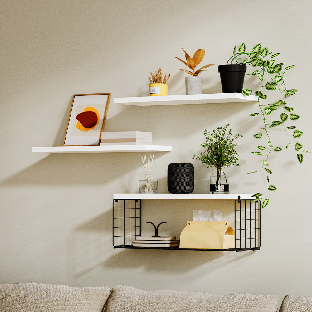 Artiss Set of 3 Floating Wall Shelves, White, Paulownia Wood, Space-Saving