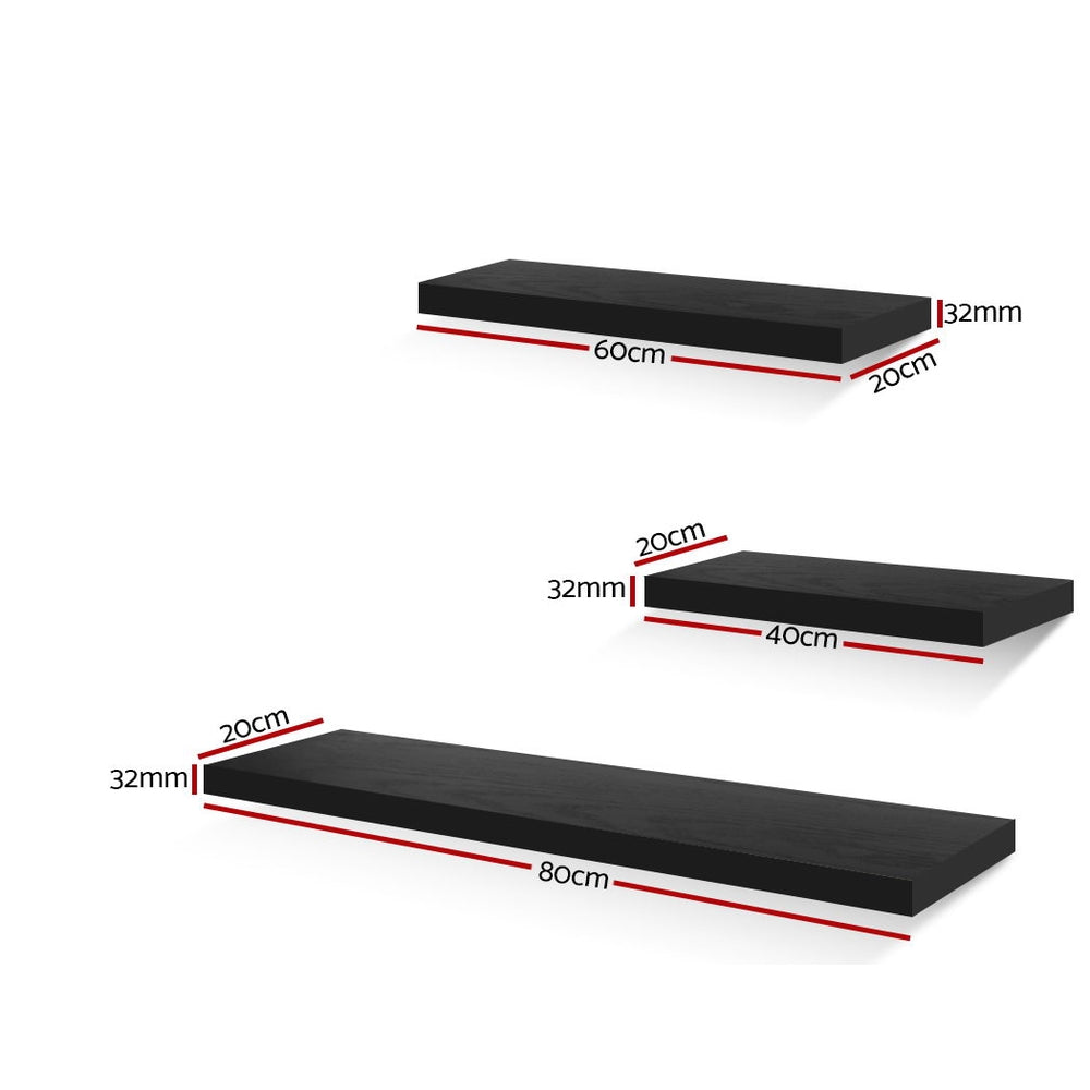 Artiss Floating Wall Shelf Set of 3 Black, 3.2cm Thick, 10kg Load Capacity