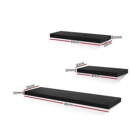Artiss Floating Wall Shelf Set of 3 Black, 3.2cm Thick, 10kg Load Capacity