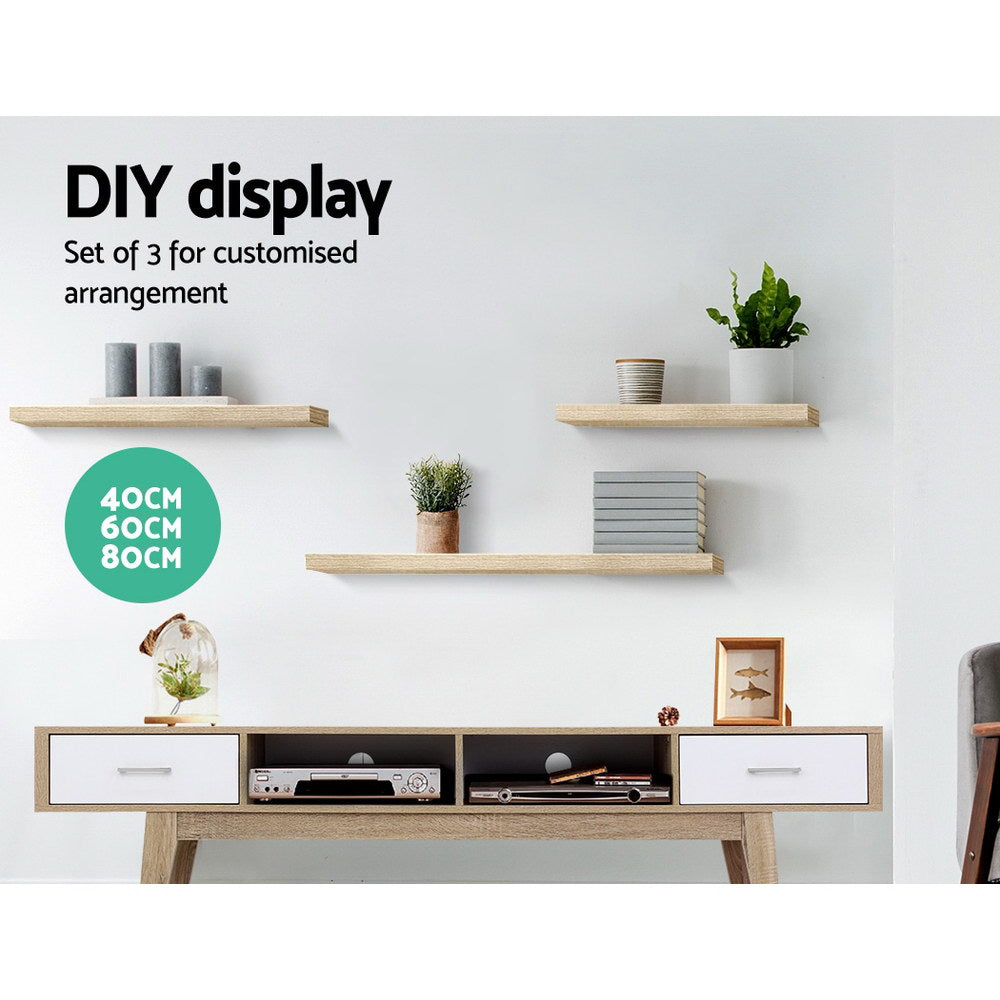 Artiss Floating Wall Shelf Set of 3 Oak - SuperSaverAU - view 3
